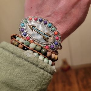 Rainbow beaded Arrow Vtg Patina Boho hippie South western Hinge bracelet